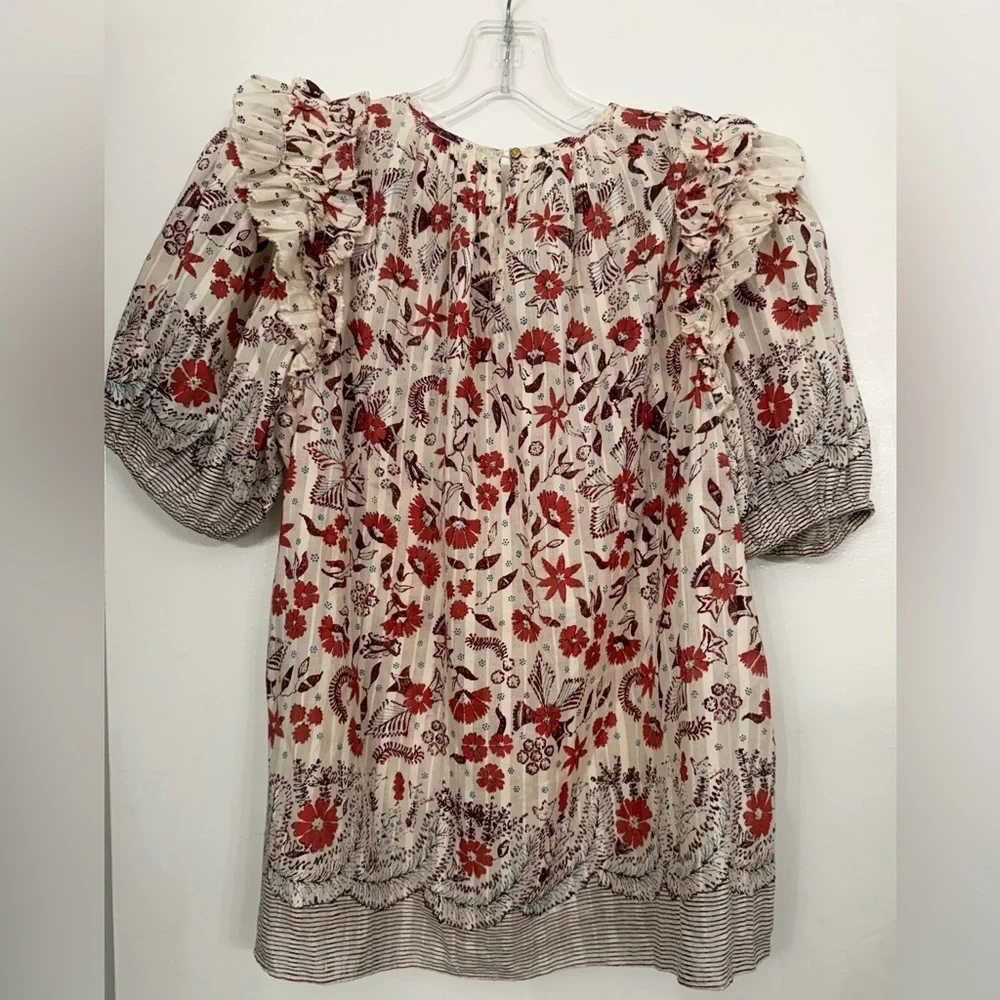 Ulla Johnson Arbor Short Sleeve Blouse Red & Cream Size 0